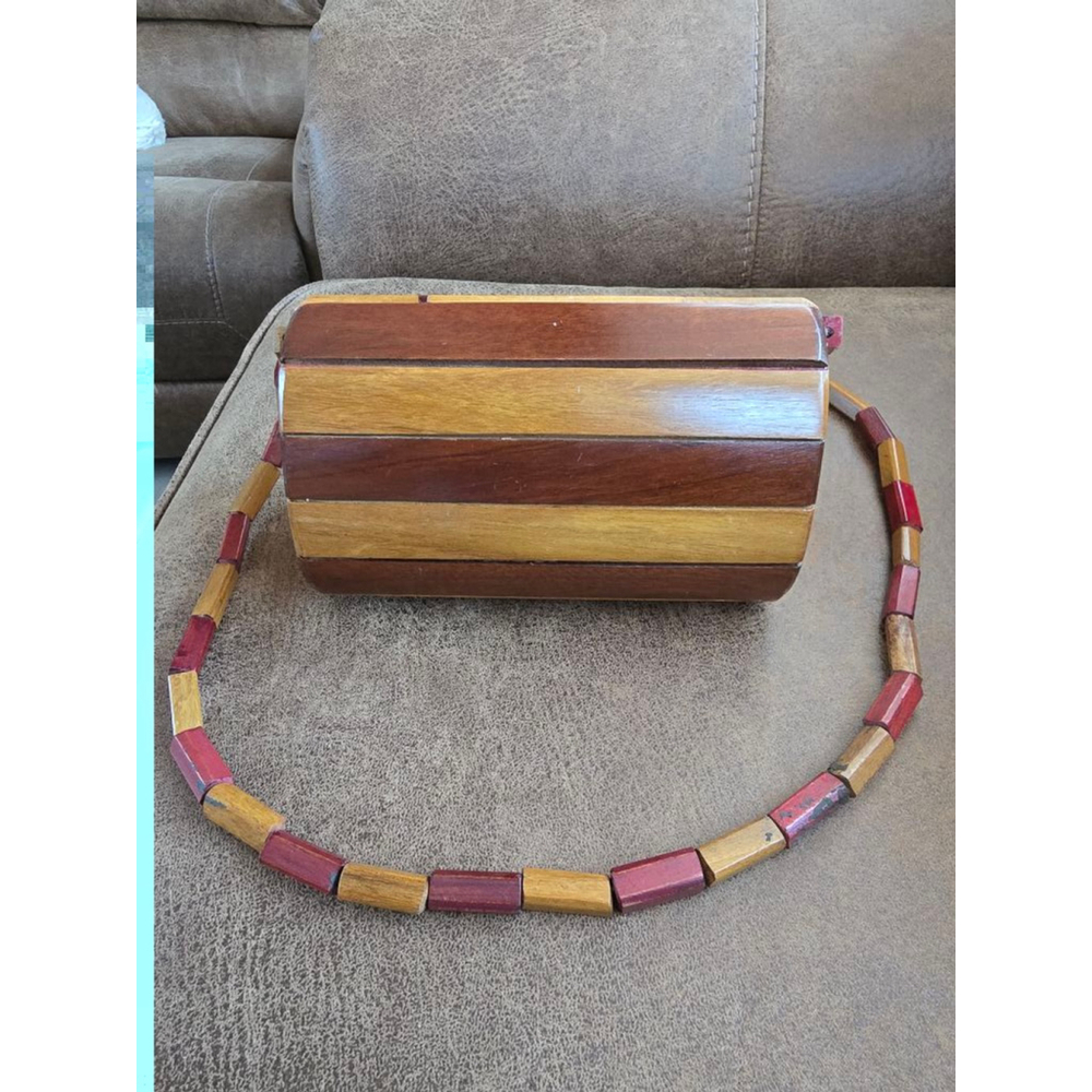 Wood Slats With Inlay Handbag Purse Brown Red Shoulde Bag - Picture 2 of 4